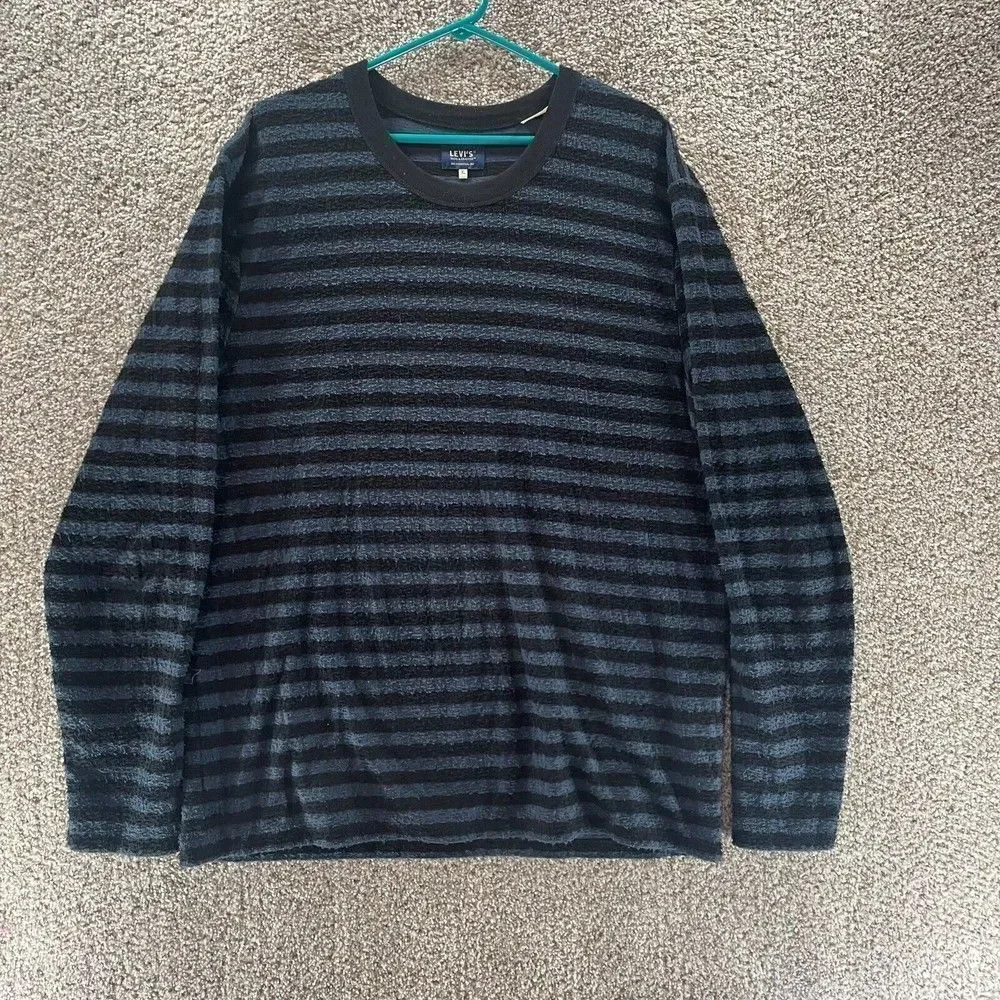Levis Sweater Mens Extra Large Blue Black Striped Pullover Casual‎ Cotton Logo